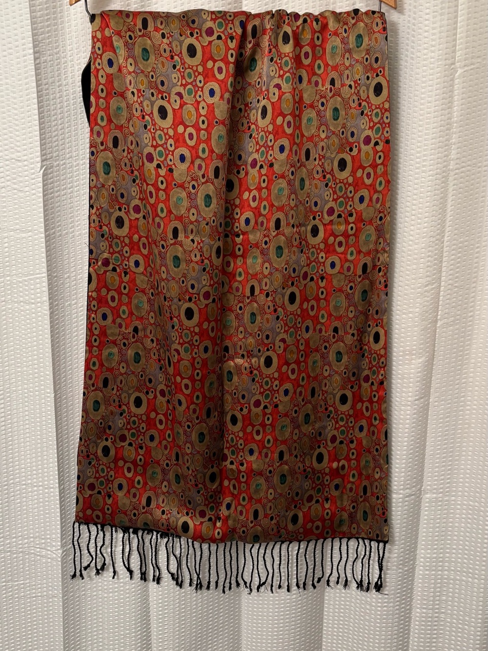 Fox & Chave Gustav Klimt 100% Silk Scarf Shawl Red Circle Pattern 70x20 Fringe